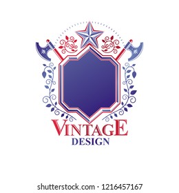 Graphic emblem created using pentagonal star, sharp axes and empty copy-space. Heraldic Coat of Arms, vintage vector logo.