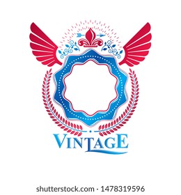 Graphic emblem created using royal symbol Lily Flower, spear and decorative ribbon. Heraldic Coat of Arms decorative logo isolated vector illustration.