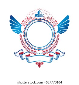 Graphic emblem created using royal symbol Lily Flower, laurel wreath and decorative ribbon. Heraldic Coat of Arms decorative logo isolated vector illustration.