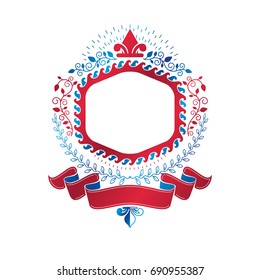 Emblema gráfico creado con el símbolo real Lily Flower y cinta decorativa. Logotipo decorativo del escudo heráldico de armas ilustraciones vectoriales aisladas.