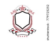 Graphic emblem decorated with military Star and simple ribbon. Heraldic Coat of Arms decorative logo isolated vector illustration.