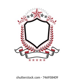 Graphic emblem decorated with military Star and simple ribbon. Heraldic Coat of Arms decorative logo isolated vector illustration.