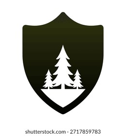 A graphic emblem featuring a dark shield shape with three white evergreen trees on a white base, symbolizing nature, protection, or forestry.