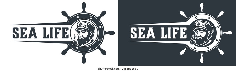 Graphic emblem featuring a stylized man in a captain's hat centered within a ship's wheel, encapsulating the adventurous essence of sea life and nautical exploration.