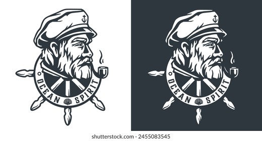 Emblema gráfico con un hombre estilizado con un sombrero de capitán centrado en la rueda de un barco, que encapsula la esencia aventurera de la vida marina y la exploración náutica.