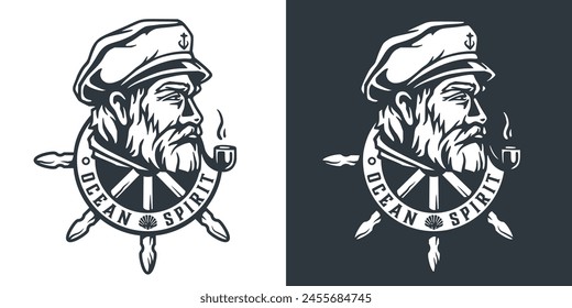 Graphic emblem featuring a stylized man in a captain's hat centered within a ship's wheel, encapsulating the adventurous essence of sea life and nautical exploration.