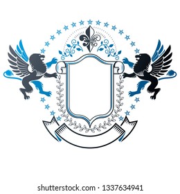 Graphic emblem with Lion heraldic animal element and lily flower. Heraldic Coat of Arms decorative logo isolated vector illustration.