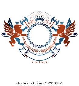 Graphic emblem with Lion heraldic animal element, royal crown and sharp hatchets. Heraldic Coat of Arms decorative logo isolated vector illustration.