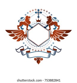 Graphic emblem with Lion heraldic animal element, royal crown and religious cross. Heraldic Coat of Arms decorative logo isolated vector illustration.