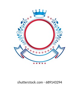 Graphic emblem made with imperial Crown and decorative ribbon. Heraldic Coat of Arms, vintage vector logo.
