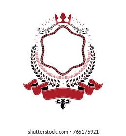 Graphic emblem made with imperial Crown, elegant ribbon and laurel wreath. Heraldic Coat of Arms, vintage vector logo.