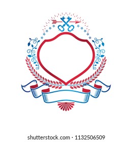 Graphic emblem made with Old Turnkey Key element, spear and majestic ribbon. Heraldic Coat of Arms decorative logo isolated vector illustration