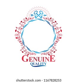 Graphic emblem made with Old Turnkey Key element, spear and floral pattern. Heraldic Coat of Arms decorative logo isolated vector illustration
