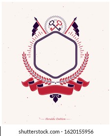 Graphic emblem made with Old Turnkey Key element, flags and majestic ribbon. Heraldic Coat of Arms decorative logo isolated vector illustration