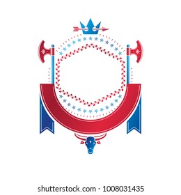 Graphic emblem made with royal crown element, different armory and elegant ribbon. Heraldic Coat of Arms decorative logo isolated vector illustration.
