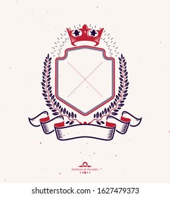 Graphic emblemcreated with ancient Crown and laurel wreath. Heraldic vector design element decorated with ribbon. Retro style label, heraldry logo.