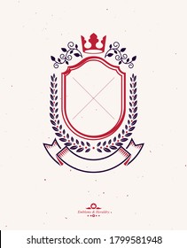 Graphic emblemcreated with ancient Crown and laurel wreath. Heraldic vector design element decorated with ribbon. Retro style label, heraldry logo.