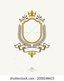 Graphic emblemcreated with ancient Crown and laurel wreath. Heraldic vector design element decorated with ribbon. Retro style label, heraldry logo.