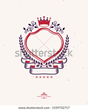 Graphic emblemcreated with ancient Crown and laurel wreath. Heraldic vector design element decorated with ribbon. Retro style label, heraldry logo.