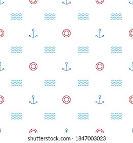 Graphic endless pattern with a marine theme. Anchor and lifebuoy on the background of the ocean. Template for printing on fabric.
