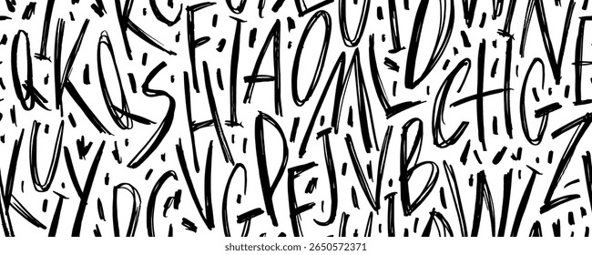 Graphic english letters seamless pattern. Crayon drawn childish alphabet letters wrapping paper. Vector grunge funky font with dots. Hand drawn typography banner. Black cursive english text.