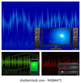 Graphic equalizer display, sound waves, equipment, vector illustration