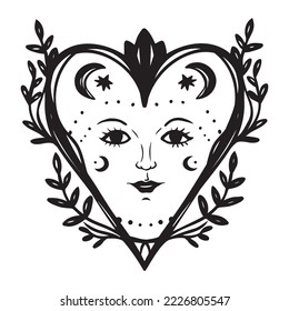 Graphic esoteric sketch of heart with plants and lunar symbols. Decorative esoteric graphic element