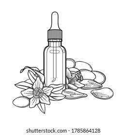 Graphic essential oil bottle decorated with goji berries, leaves and flowers. Vector botanical design isolated on white background