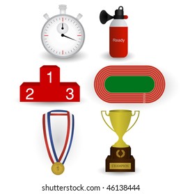 Graphic essentials for track competition including stop-watch, air horn, winners podium, track field, medal and cup.