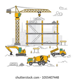 graphic of excavator and truck and crane in construction site, concept of construction industry