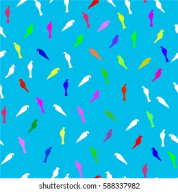 Graphic exotic seamless pattern with bright  birds,  exotic parrots on a blue background. Vector colorful  birds abstract  background design. Funky style.