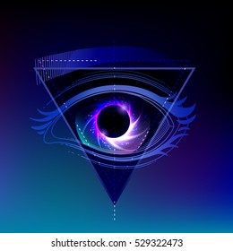 Graphic eye with black hole and starry vortex inside. Sacred geometry. Abstract astronomical illustration with triangular design. Tattoo or t-shirt art