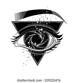 Grafisches Auge mit schwarzem Loch und Sternenvortex innen.Heilige Geometrie. Abstrakte astronomische Illustration mit dreieckigem Design. Tätowierungs- oder T-Shirt-Kunst