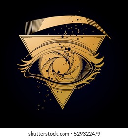 Graphic eye with black hole and starry vortex inside. Sacred geometry. Abstract astronomical illustration with triangular design. Tattoo or t-shirt art