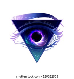 Graphic eye with black hole and starry vortex inside. Sacred geometry. Abstract astronomical illustration with triangular design. Tattoo or t-shirt art