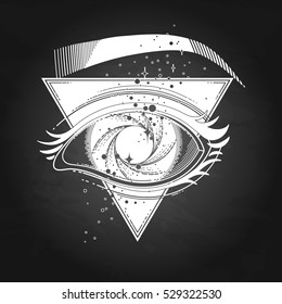 Graphic eye with black hole and starry vortex inside. Sacred geometry. Abstract astronomical illustration with triangular design. Tattoo or t-shirt art