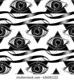 Graphic eye with black hole and starry vortex inside. Sacred geometry. Abstract astronomy illustration with triangular design. Tattoo or t-shirt art