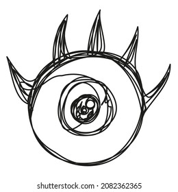 Graphic eye with eyelashes drawn one line on a white background. Vector illustration with a stylized human eyeball. The symbol of sight, observation, evil eye, occultism.
