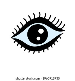 Graphic eye with large eyelashes. Black and white. Blue white of the eye. Large black pupil. Black eyes. Glitter in the eyes. Clipart, vector drawing. Icon.
