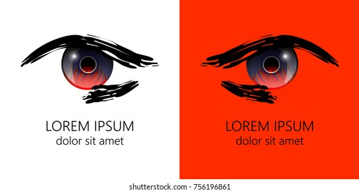 Graphic eye of man with fire inside on white and red background