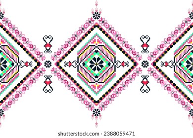 Diseño de tejidos gráficos con motivos étnicos, formas geométricas y florales utilizadas para tejer, alfombras, prendas de vestir, batik, tela, bordado, arte de píxel étnico abstracto. De punto verde, rosa, negro y sin costura