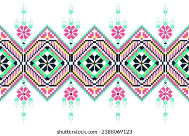 Graphic fabric design with ethnic patterns, geometric and floral shapes used for weaving, rugs, clothing, batik, fabric, embroidery, ethnic abstract pixel art. Green, pink, black, seamless knitted