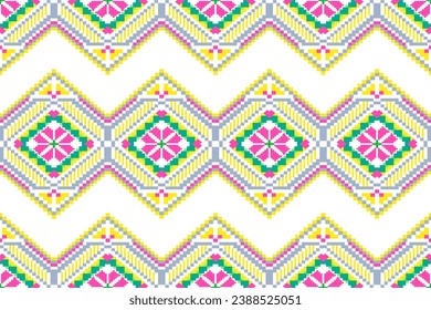 Graphic fabric design with ethnic patterns, geometric and floral shapes used for weaving, rugs, clothing, batik, fabric, embroidery, ethnic abstract pixel art. Green, pink, black, seamless knitted