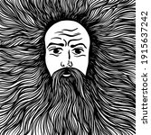 Graphic face of a bearded and long-haired man. Vector illustration