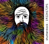 Graphic face of a bearded and long-haired man. t-shirt design. Vector illustration