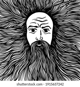 Graphic face of a bearded and long-haired man. Vector illustration