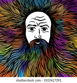 Graphic face of a bearded and long-haired man. t-shirt design. Vector illustration