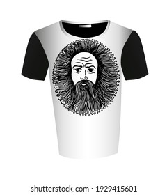 Graphic face of a bearded and long-haired man. t-shirt design. Vector illustration