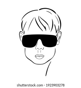 Graphic face of a man in glasses. Vector drawing of a fashion sketch. Security man. Hand drawn icon and symbol for print, poster, sticker, card design, invitations to the fashion week, picture for