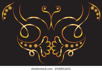 Graphic fantasy ornament with swirls, concentric circles and leaves. Gold gradient on a black background for printing on fabric, applique and cards.